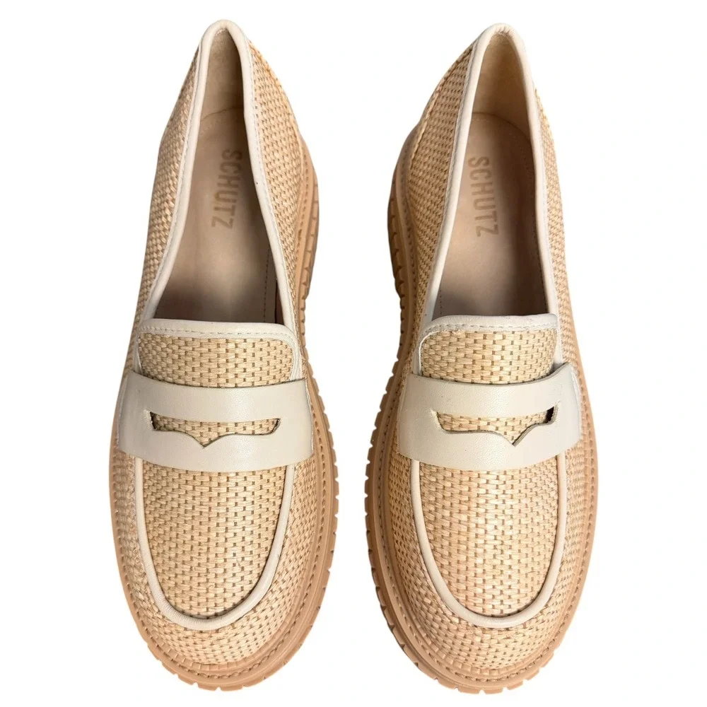 Schutz Viola Weekend Beige Woven Raffia Platform Penny Loafers Lug Sole 8B